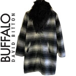 Buffalo David Bitton Black/White Plaid Wool Coat With Removable Collar Size XL